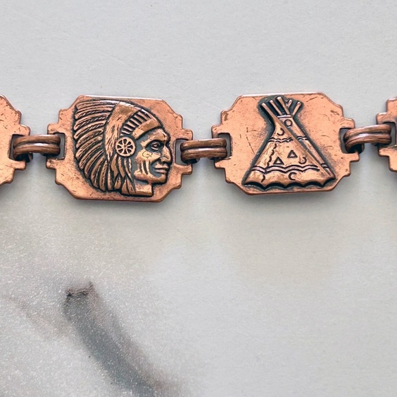Vintage Copper Link Bracelet Native American Buffalo Indian - Picture 8 of 8